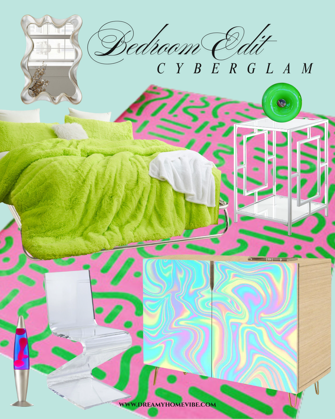 Bedroom Edit: Cyberglam Neon, Pink & Green Decor