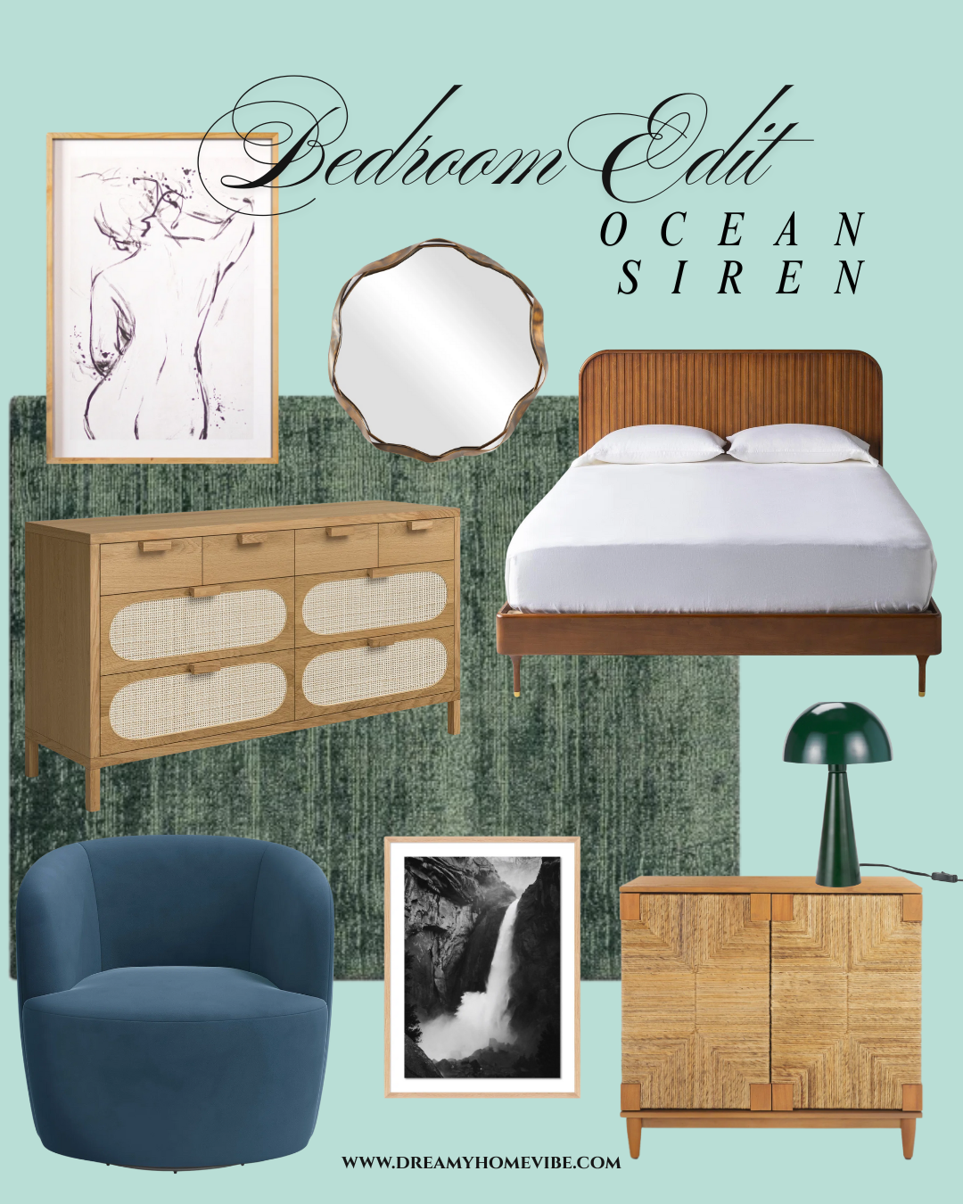 A product curation on a light blue background featuring a wooden bed, a wooden dresser and night stand, with a blue chair and a coordinating wall mirror, wall art,  and lamp.
