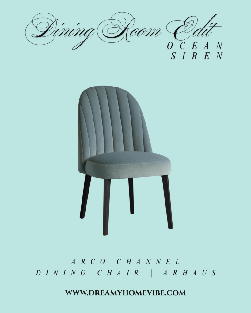 Arco Channel Dining Chair from Arhaus. An upholstered chair with blue/green fabric, black legs, and a medium-tall rounded back.