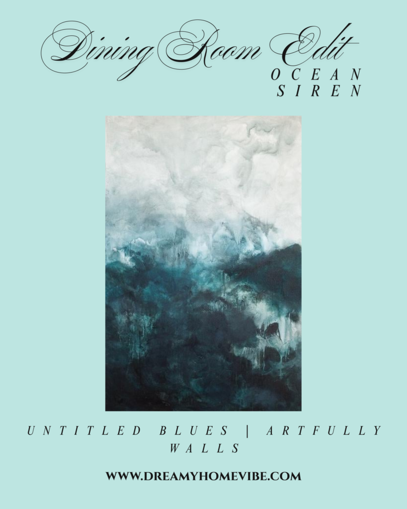 Untitled Blues from Artfully Walls. A painting of swirling whites and grays on top fading to a swirl of dark ad light teal shades.