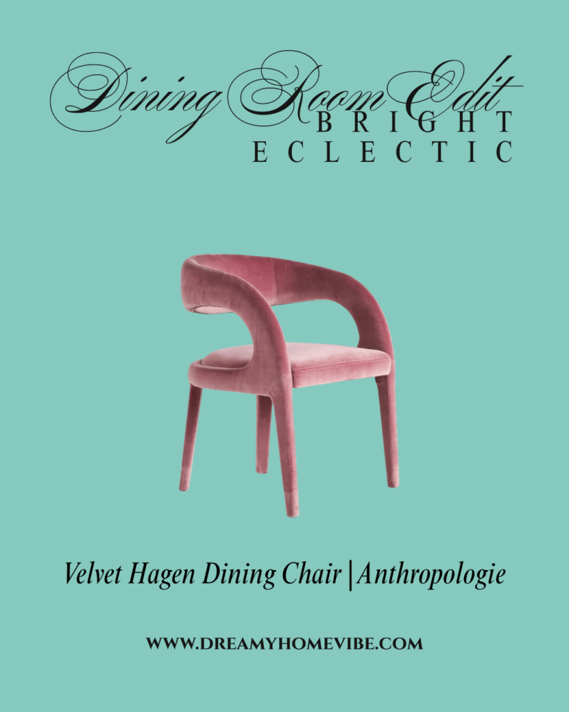 Fully upholstered velvet dining chair with sculptural silhouette, adding softness and texture to a colorful eclectic dining room.