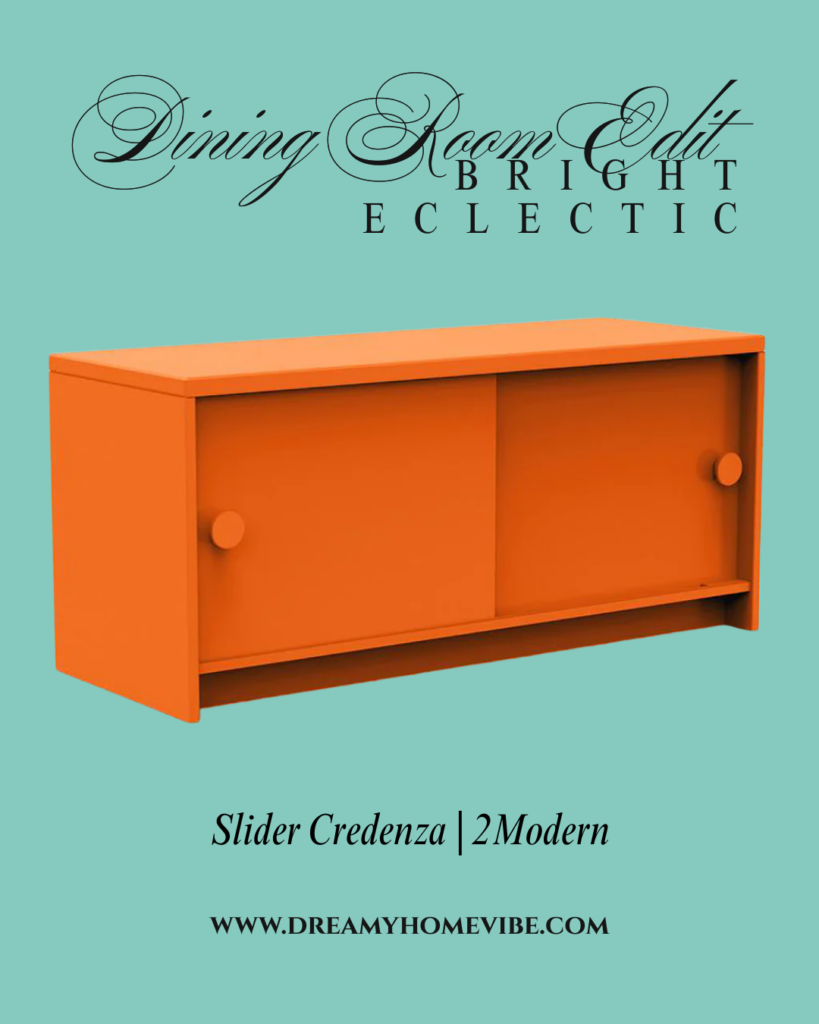Orange modern credenza with sliding doors and minimalist design, used as colorful storage in a bright eclectic dining space.