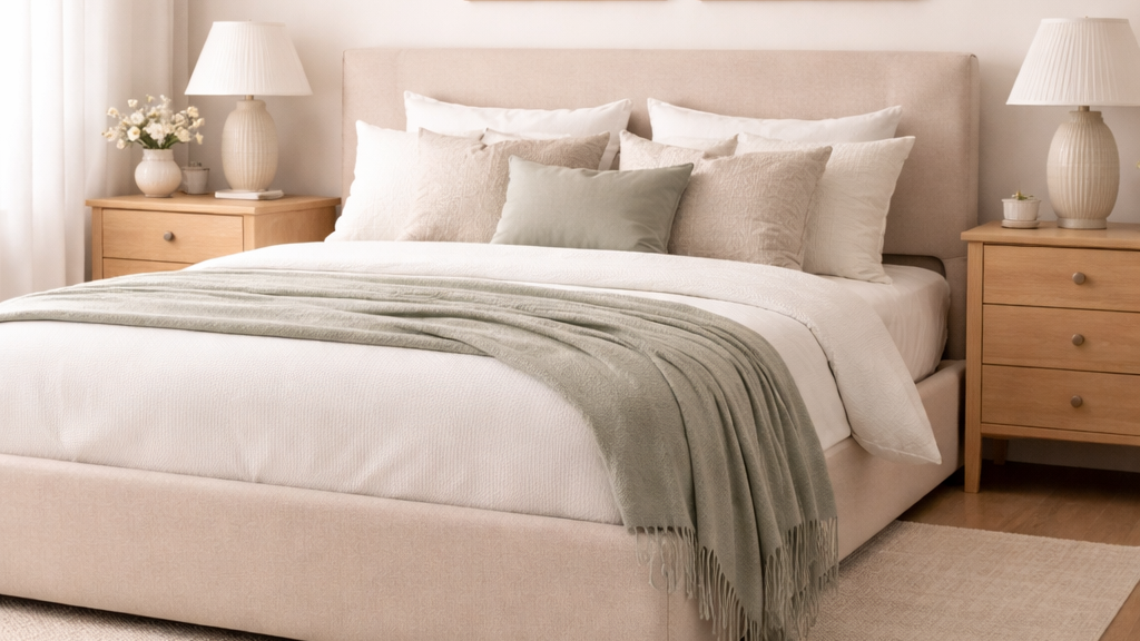Neutral upholstered bed in a soft warm beige fabric acting as the main color foundation within a calming bedroom setting.