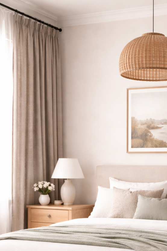 Linen curtains in a muted taupe tone adding soft contrast and texture to a light-filled bedroom.