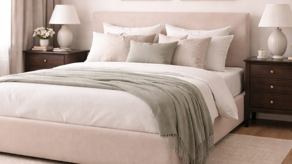 Dark wood nightstand in a rich espresso finish introducing depth and grounding to a neutral bedroom palette.