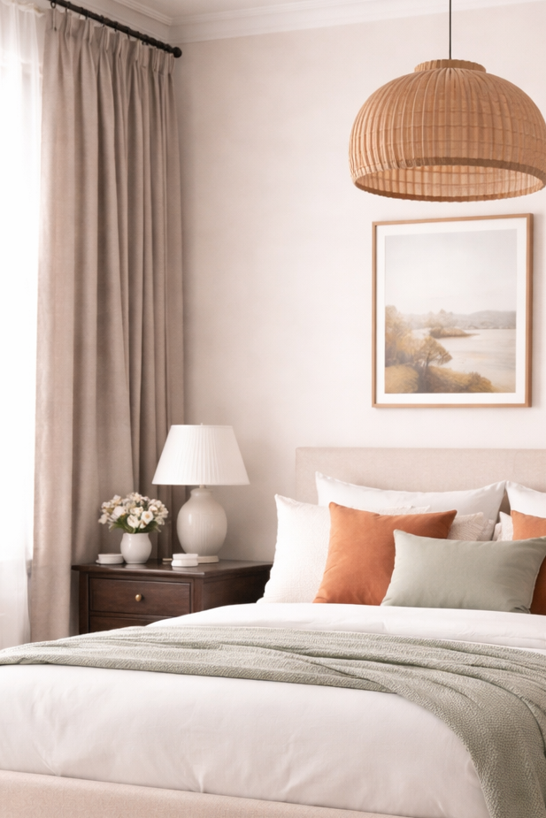 Decorative throw pillows in a muted terracotta accent tone adding warmth and visual interest to layered bedding.